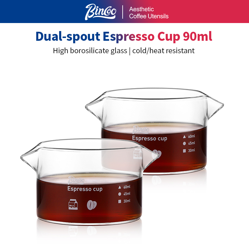 Espresso Shot Glass - BINCOO 90ml ダブル注ぎ口 エスプレッソ計量カップ 耐熱ガラス ミルクカップ